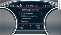 Instrument cluster: Calling up the Vehicle functions menu